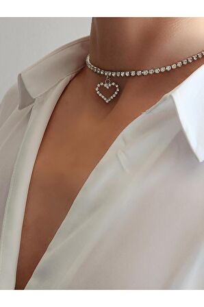 Kristal Taşlı Kalp Love Beyaz Gümüş Renkli Choker Kolye