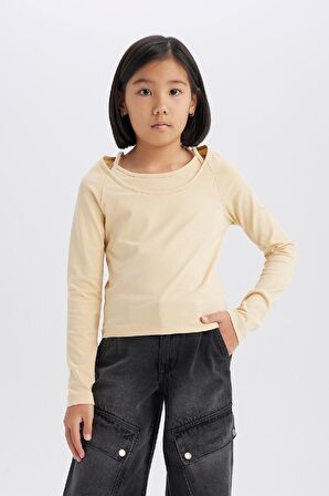 Kız Çocuk Slim Fit Dar Kesim Kaçık Yaka Tatlı Baskılı Fitilli Kaşkorse Uzun Kollu Tişört