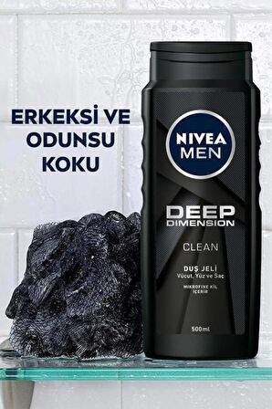 NIVEA MEN Erkek Deep Dimension Banyo Ve Duş Jeli 500ml, 3'ü1 Arada Komple Bakım, Vücut Saç Ve Yüz, X6 Adet