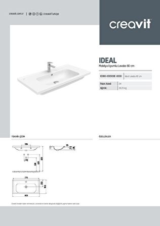 Creavit İdeal 45x80 cm Etajerli Mobilya Dolap Uyumlu Lavabo ID080