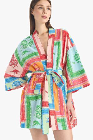 DeFacto Regular Fit Desenli Kuşaklı Pamuklu Kimono-Fall in Love D0453AX25SPPN206