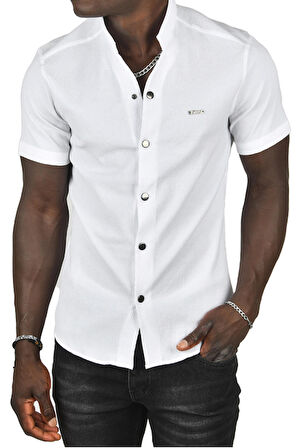 DeepSEA Erkek Beyaz Gofre Kumaş Hakim Yaka Slim Fit Likralı Çıtçıtlı Kısa Kollu Gömlek 2403018