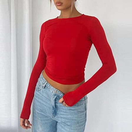 Kırmızı Bisiklet Yaka Bluz Darkalıp Ribana Kumaş Günlük Basic Body