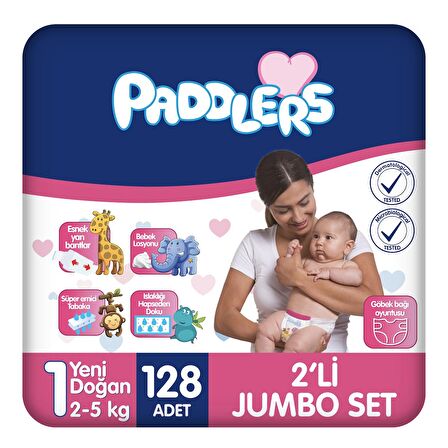 Paddlers Bebek Bezi 1 Numara Yenidoğan 128 Adet (2-5 Kg) 2'li Jumbo Set