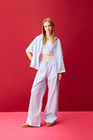 DeFacto Coool Oversize Çizgili Poplin Kısa Kollu Gömlek D3835AX24HSBE196