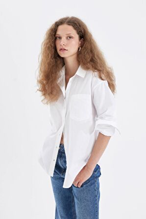 DeFacto Oversize Geniş Kalıp Basic Düz Düğmeli Poplin Uzun Kollu Gömlek U7763AZ24AUWT36