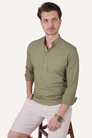 Haki Yeşil Hakim Yaka Üç Düğmeli Slimfit Keten   Gömlek