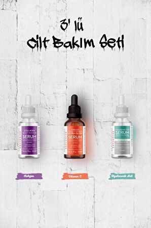 3lü Avantaj Serum Seti - Kolajen Serum + C Vitamini Serum + Hyaluronic Asit Serum  3x30 ml