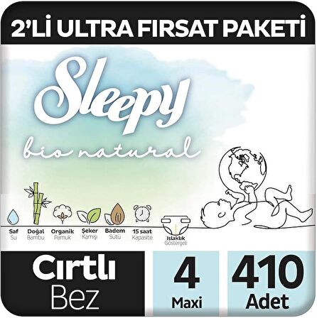 Sleepy Bio Natural 2'li Ultra Fırsat Paketi Bebek Bezi 4 Numara Maxi 410 Adet