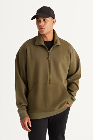 Erkek Haki Oversize Bol Kesim Içi Polarlı Iplik Bato Yaka Pamuklu Sweatshirt