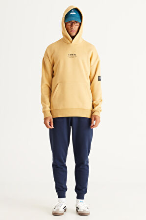 Erkek Hardal Oversize Fit Bol Kesim Kapüşonlu Içi Polarlı 3 Iplik Pamuklu Sweatshirt