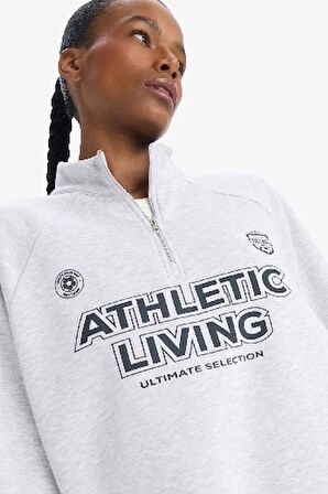 DeFactoFit Oversize Geniş Kalıp Dik Yaka Baskılı Sporcu Sweatshirt D7754AX25SPGR93