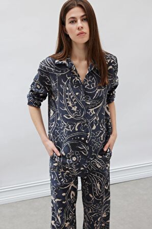 Oversize Geniş Kalıp Desenli Uzun Kollu Gömlek