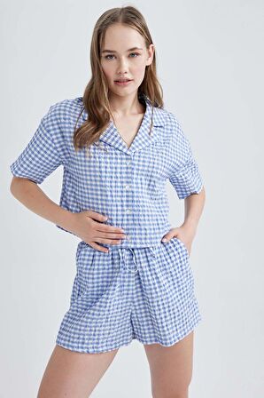 DeFacto Coool Oversize Pijama Yaka Krinkıl Pötikareli Kısa Kollu Gömlek B1857AX23HSBE553