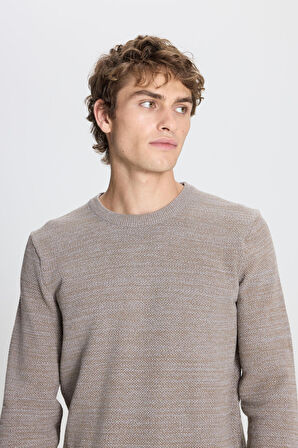 Erkek Bronz-grı Recycle Standart Fit Normal Kesim Bisiklet Yaka Desenli Triko Kazak