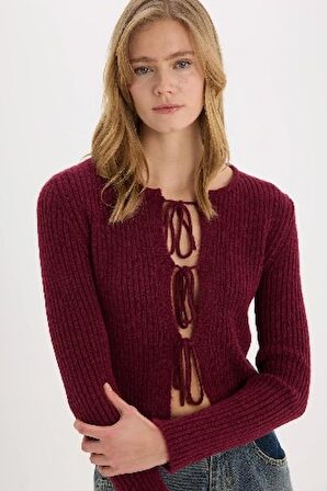 Regular Fit Bisiklet Yaka Bağlamalı Basic Düz Triko Bordo Hırka