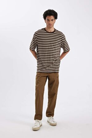 DeFacto Boxy Fit Bisiklet Yaka Çizgili Kısa Kollu Ağır Kumaş Tişört B5910AX24AUBN497