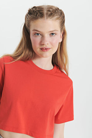 Standart Fit Normal Kesim %100 Pamuk Bisiklet Yaka Crop Tişört