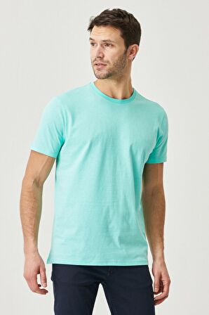 Erkek Turkuaz %100 Pamuk Slim Fit Dar Kesim Bisiklet Yaka Kısa Kollu Tişört