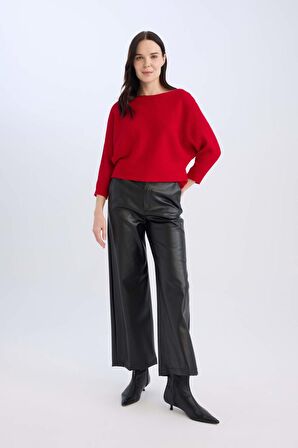 Kırmızı Kayık Yaka Yarasa Kol Basic Düz Triko Kazak