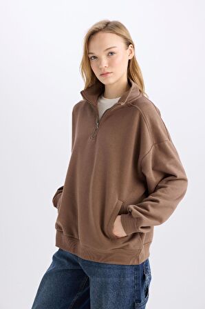 DeFacto Oversize Geniş Kalıp Fermuarlı Dik Yaka Cepli Basic Düz Kalın Sweatshirt D7206AX24WNBN534