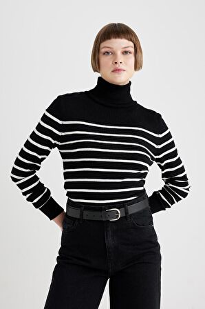 DeFacto Regular Fit Çizgili Balıkçı Yaka Triko Kazak C1650AX23WNBK27