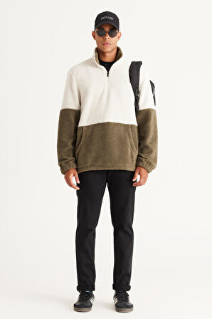 Erkek Bej-haki Standart Fit Bato Yaka Kanguru Cepli Çift Renkli Sherpa Polar Sweatshirt
