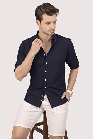 Lacivert Yaka Düğmeli Keten Slimfit   Gömlek