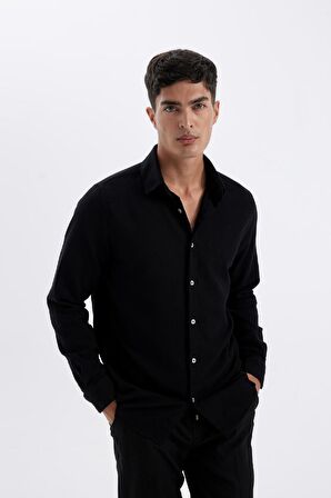 DeFacto Siyah Modern Fit Modern Kesim Polo Yaka Düz Pamuklu Uzun Kollu Gömlek D1629AX24AUBK81