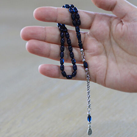 Kararmaz Metal Arnavut Zincir Püsküllü Kapsül Kesim Lacivert Bilek Boy Sıkma Kehribar Tesbih