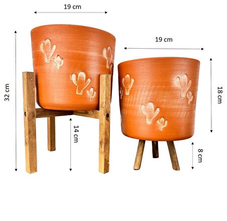 Ev Dekorasyon Aksesuar Kaktüs Desenli Toprak Saksı Saksılık Salon Çiçeklik İkili Set 3 Ayaklı- 4 Ayaklı- 19 CM