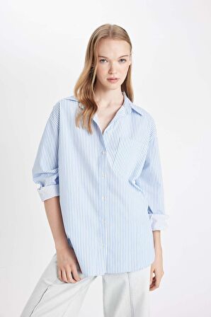 DeFacto Oversize Geniş Kalıp Cepli Çizgili Poplin Uzun Kollu Gömlek B1132AX24AUBE303