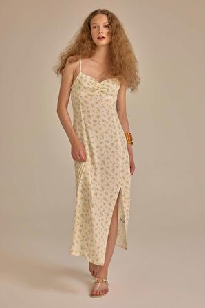 DeFacto Kalp Yaka Çiçekli Maroken Askılı Midi Elbise C0960AX24SMER103