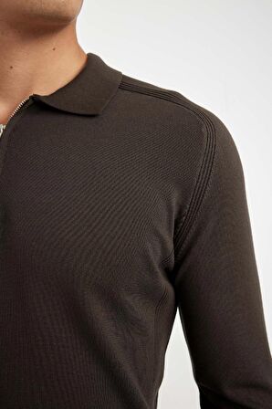 DeFacto Kahverengi Standart Fit Normal Kesim Fermuarlı Polo Yaka Triko Kazak D0621AX24AUBN497