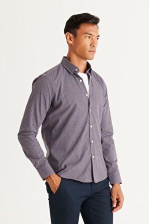 Erkek Gri Slim Fit Dar Kesim Gizli Düğme Yaka Desenli Gömlek