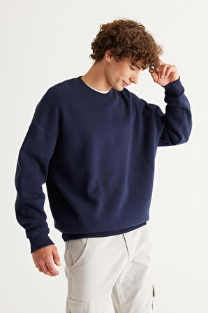 Erkek Lacivert Oversize Fit Bol Kesim Pamuklu Içi Polarlı 3 Iplik Bisiklet Yaka Sweatshirt