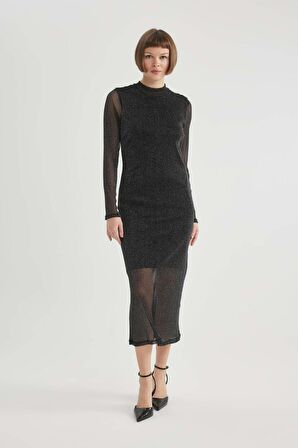 DeFacto Bodycon Vücudu Saran Basic Düz Yarım Balıkçı Yaka Uzun Kollu Tül Midi Elbise B6668AX23WNBK81