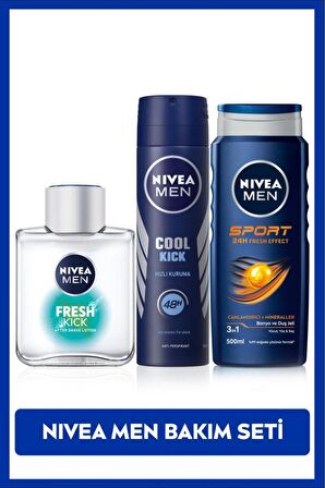 Nivea Erkek Cool Kick Fresh Sprey Deodorant 150ml, Kick Fresh Tıraş Sonrası Losyon, Sport Duş Jeli 500ml