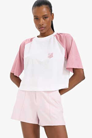 DeFactoFit Crop Bisiklet Yaka Baskılı Sporcu Kısa Kollu Tişört D8031AX25SPWT83