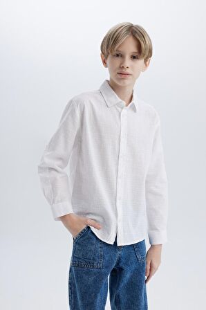 Erkek Çocuk Regular Fit Polo Yaka Dokulu Uzun Kollu Gömlek