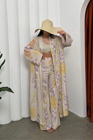 Kadın Desenli Keten Ikili Kimono Takım