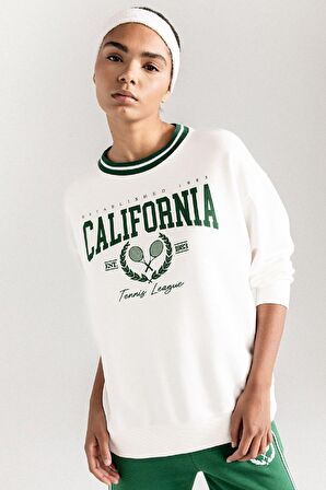 DeFactoFit Oversize Geniş Kalıp Bisiklet Yaka Baskılı Sporcu Sweatshirt D1702AX24AUER105