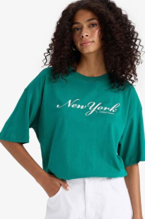 Regular Fit Bisiklet Yaka Slogan Baskılı Penye Kısa Kollu Tişört