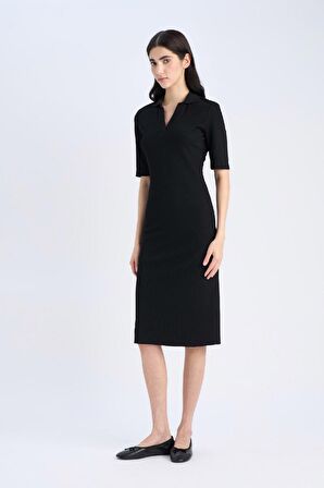 Bodycon Vücudu Saran Polo Yaka Fitilli Kaşkorse Kısa Kollu Midi Elbise