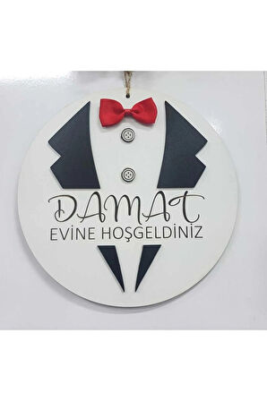 Ahşap Özel Kapı Süsü Duvar Süsü Dekoru Kapı İsimliği Damat Evine Hoşgeldiniz 24 cm