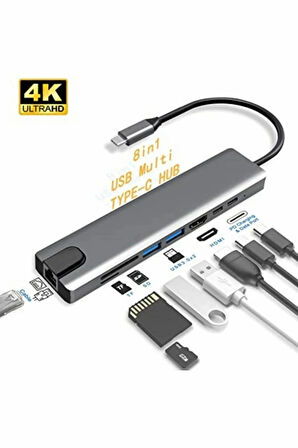 8in1 4K Type-C USB 3.0 Hub HDMI RJ45 SDTF Adaptörü