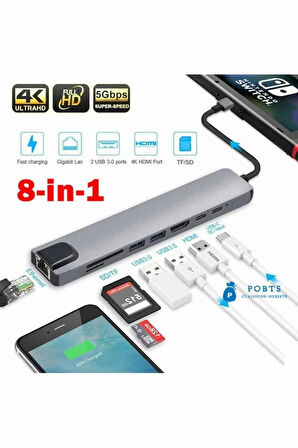 8in1 4K Type-C USB 3.0 Hub HDMI RJ45 SDTF Adaptörü