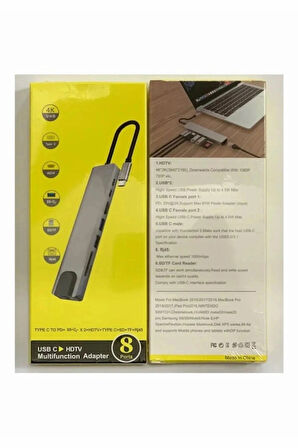 8in1 4K Type-C USB 3.0 Hub HDMI RJ45 SDTF Adaptörü