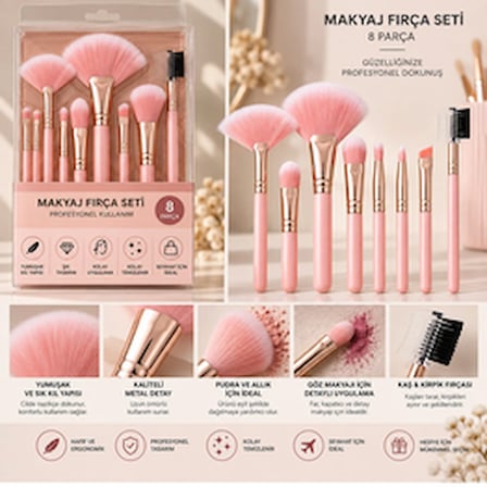 8 Parça Profesyonel Makyaj Fırça Seti PEMBE – Yelpaze, Pudra, Allık, Far, Kaş ve Kirpik Fırçaları Pembe