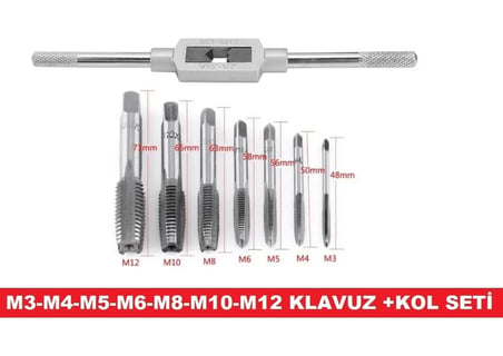 Klavuz Açma Seti+kol M3-m4-m5-m6-m8-m10-m12 Metrik Diş Açma Klavuzları